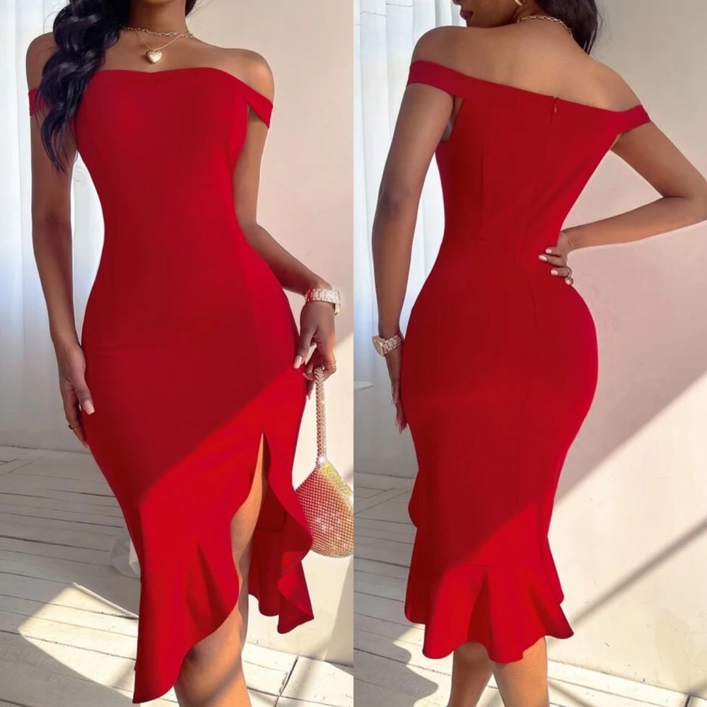 Off the shoulder frill slit cocktail dress red - Picture 1 of 1